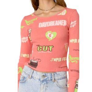 New! Daydreamer Womens Records Amplified Graphic Thermal Crop Top Pink Large NWT